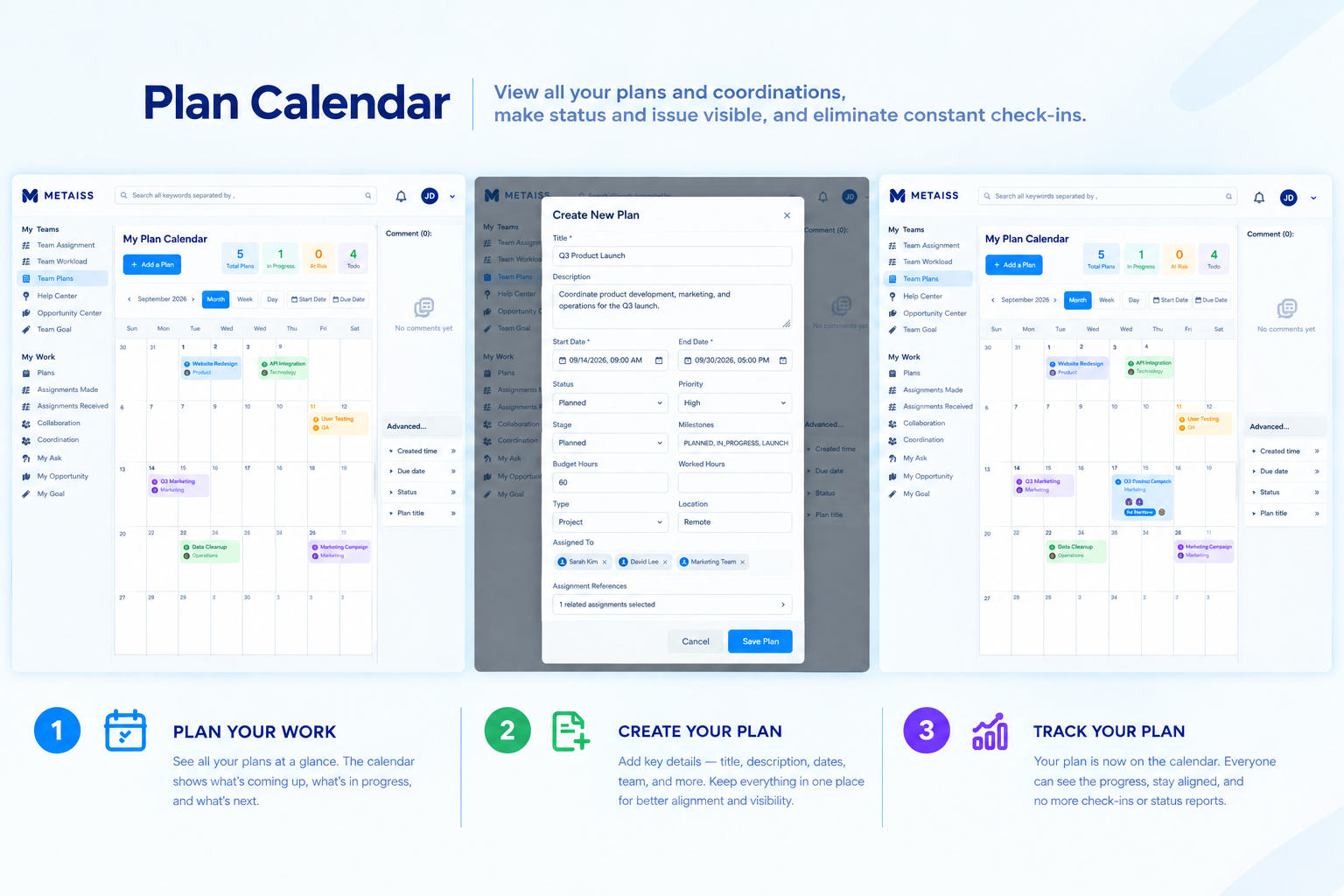 Metaiss Plan Calendar showing individual work planning and execution tracking